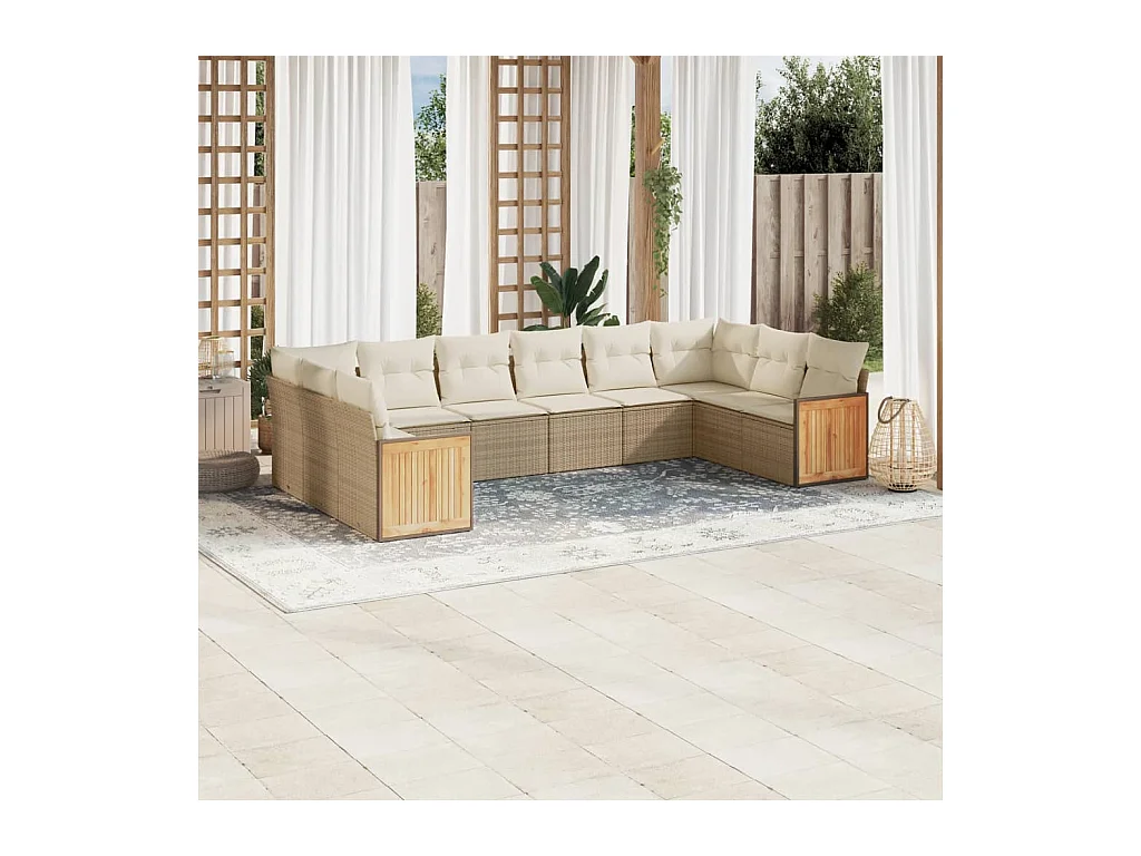 10-tlg. Garten-Sofagarnitur mit Kissen Beige Poly Rattan