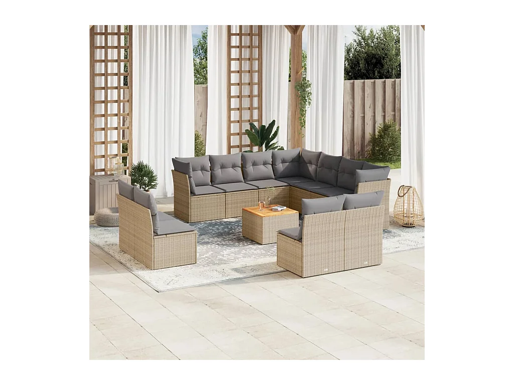 Salon de jardin et coussins 12 pcs mélange beige résine tressée