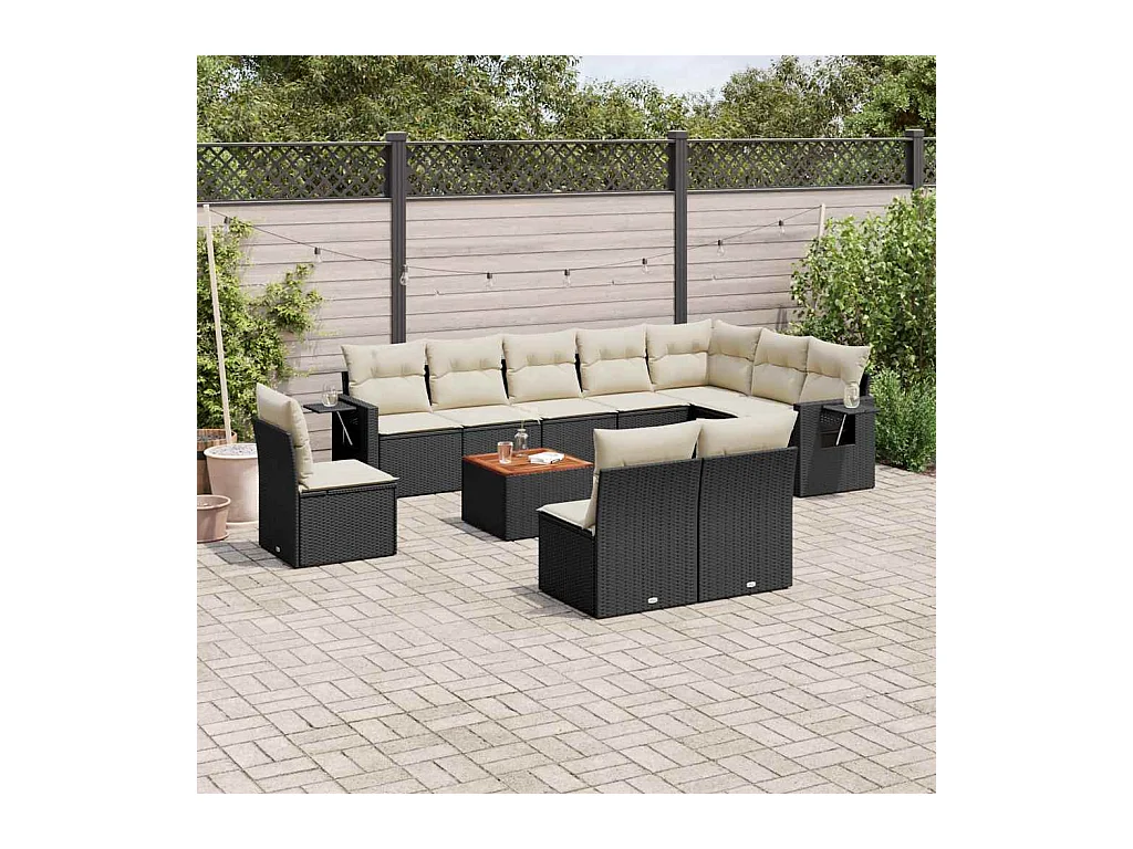 11-delige Loungeset met kussens poly rattan zwart