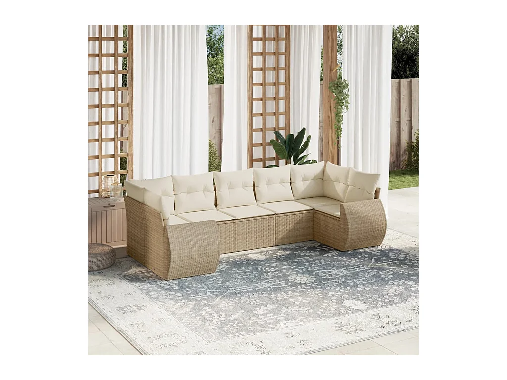 7 pcs conjunto de sofás p/ jardim com almofadões vime PE bege