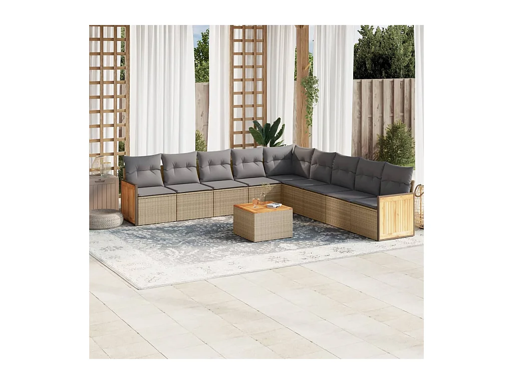 Salon de jardin avec coussins 10 pcs beige résine tressée
