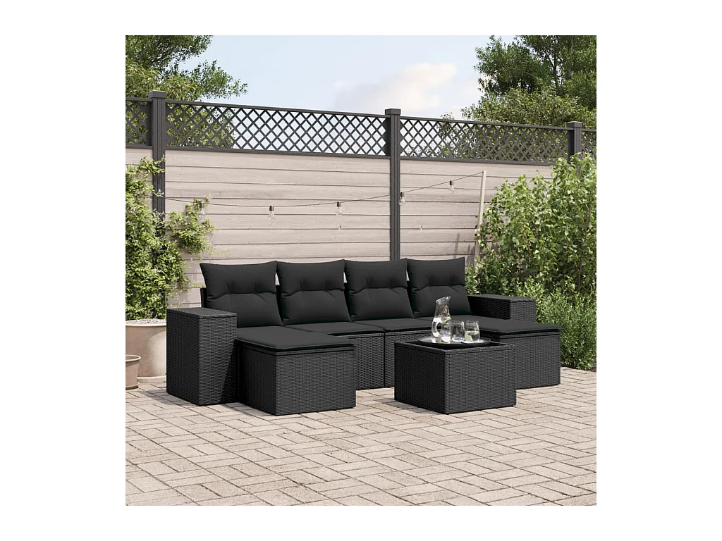Salon de jardin 7 pcs avec coussins noir résine tressée