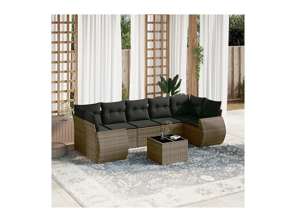 Salon de jardin 8 pcs avec coussins gris résine tressée