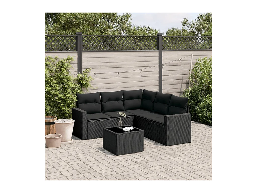 Set Divano da Giardino 6 pz con Cuscini Nero in Polyrattan