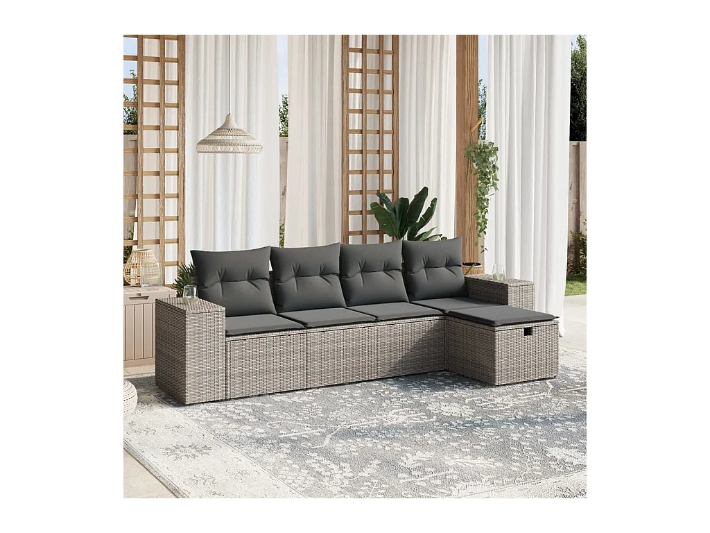 Salon de jardin 5 pcs avec coussins gris résine tressée