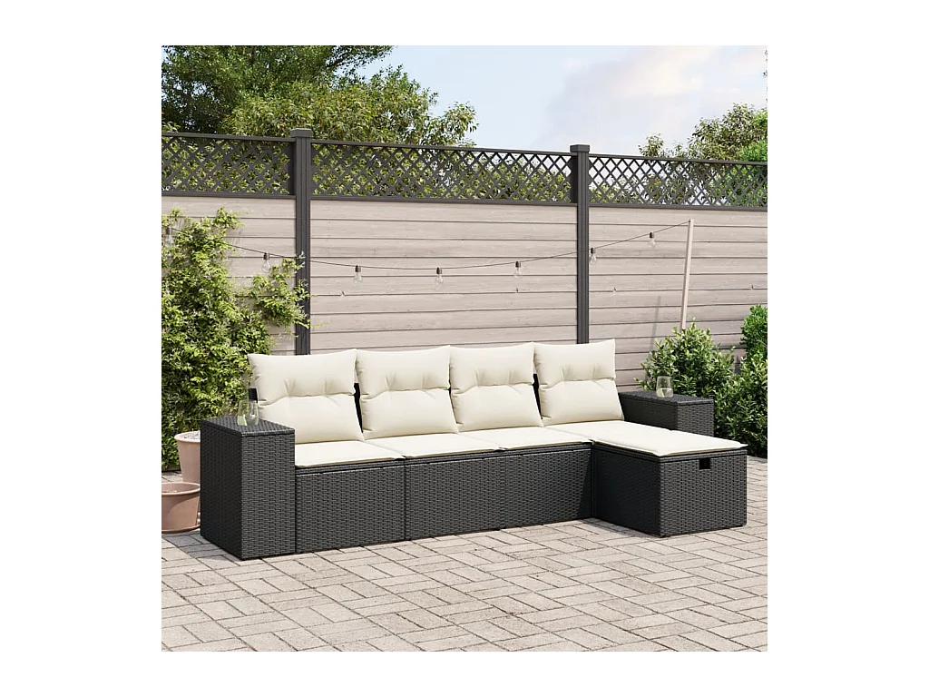 Salon de jardin 5 pcs avec coussins noir résine tressée