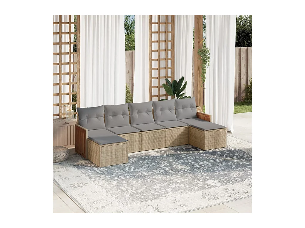 Set sofás de jardín 7 piezas y cojines ratán sintético beige