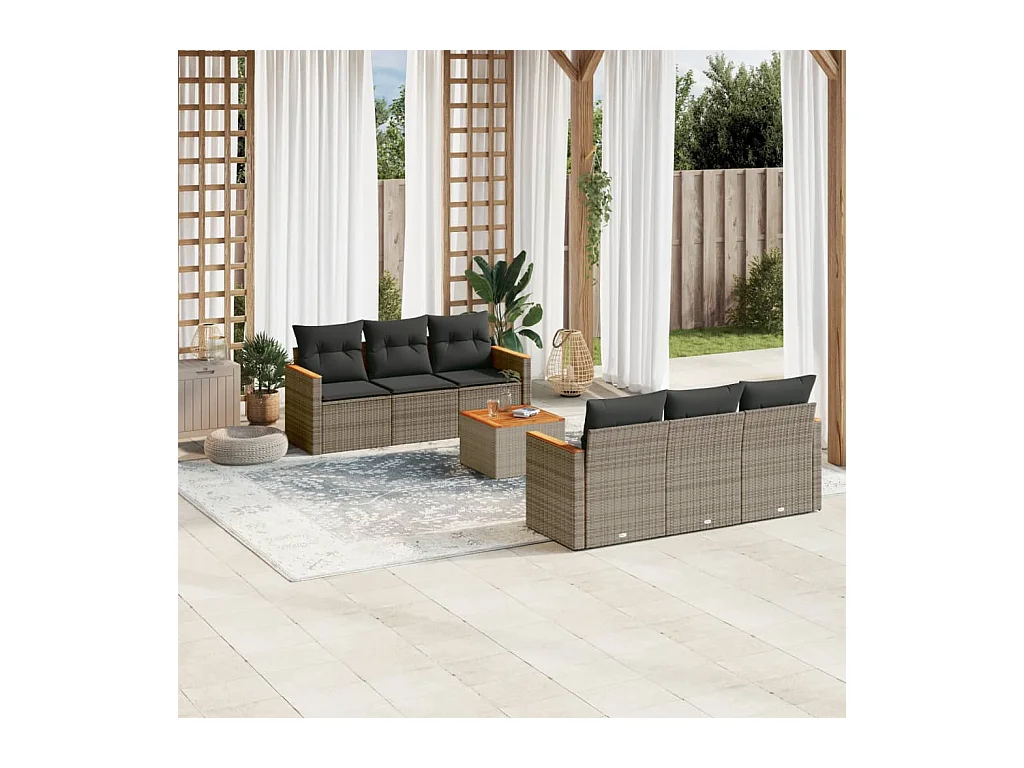 Salon de jardin avec coussins 7 pcs gris résine tressée