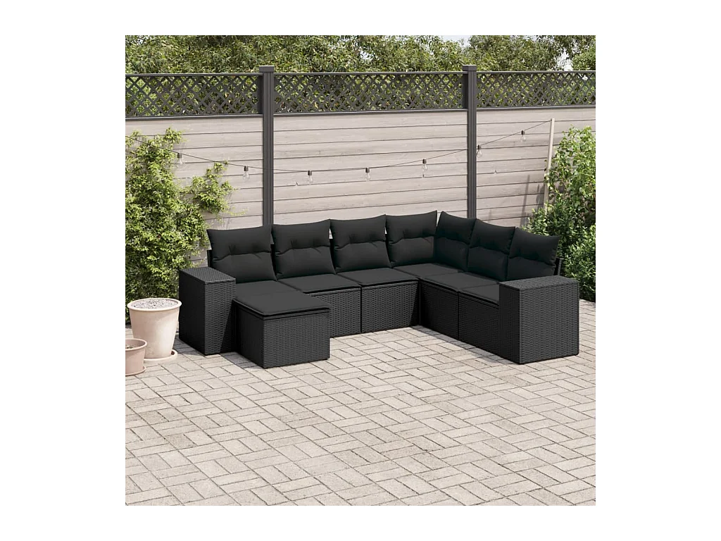 Salon de jardin 7 pcs avec coussins noir résine tressée