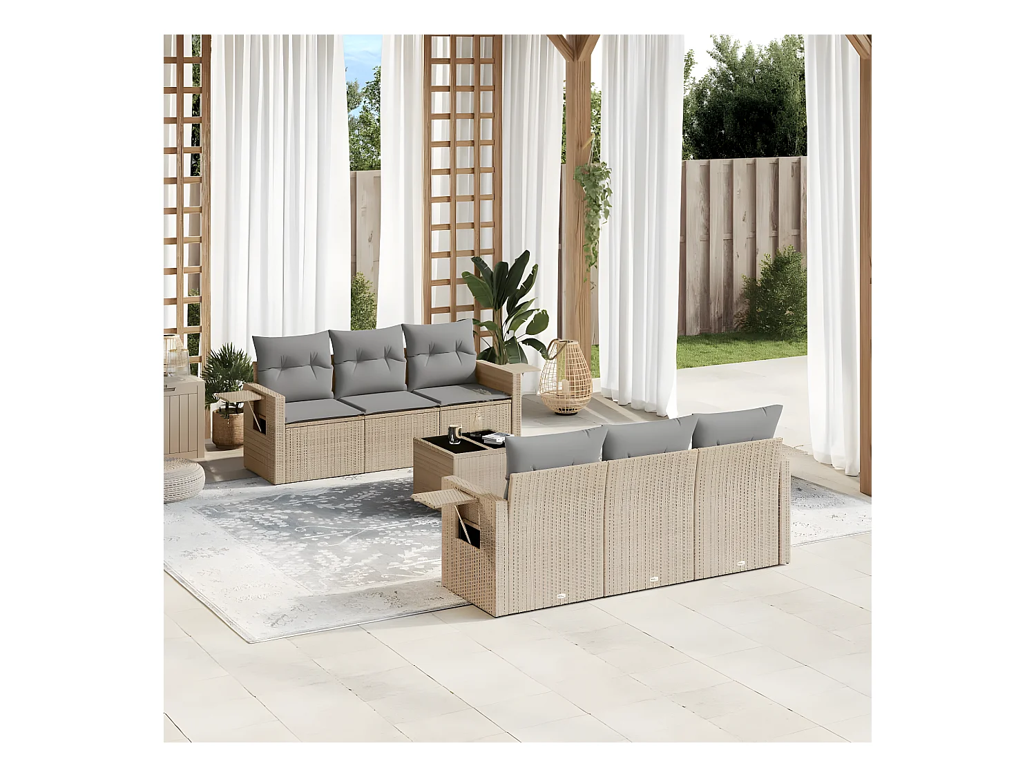 Set Divani da Giardino 7 pz con Cuscini Beige in Polyrattan