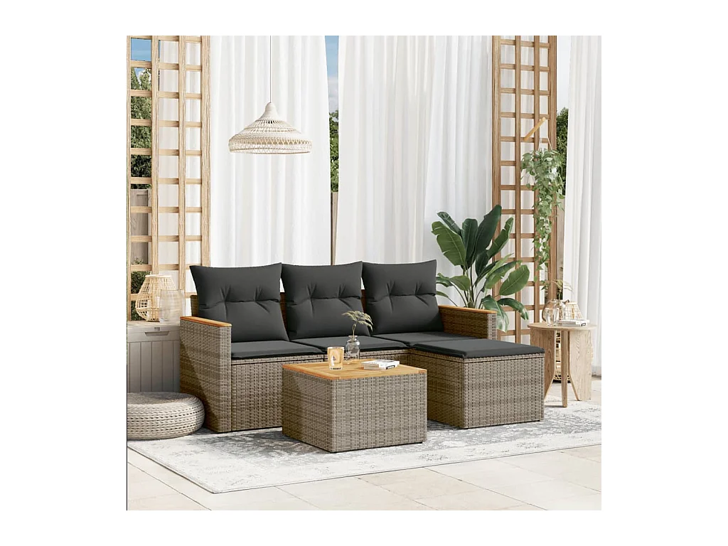 Set Divano da Giardino 5 pz con Cuscini Grigio in Polyrattan