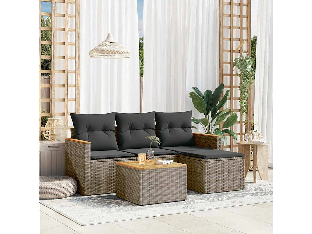Salon de jardin 5 pcs avec coussins gris résine tressée