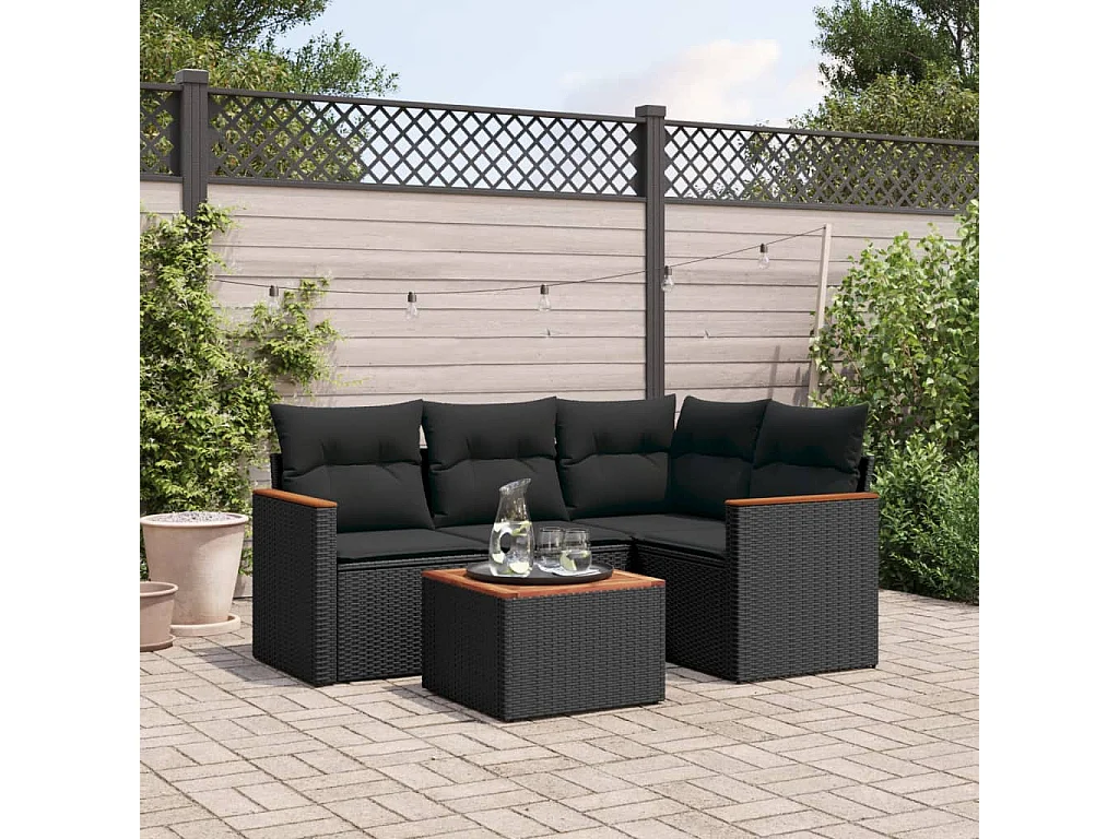 5-tlg. Garten-Sofagarnitur mit Kissen Schwarz Poly Rattan