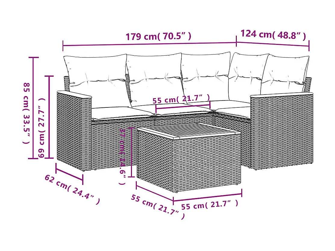 5-tlg. Garten-Sofagarnitur mit Kissen Schwarz Poly Rattan