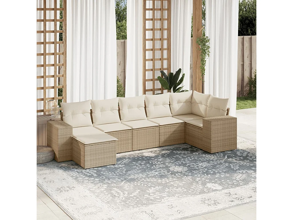 7-tlg. Garten-Sofagarnitur mit Kissen Beige Poly Rattan