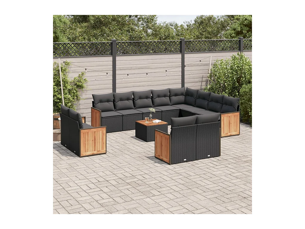 Set Divani da Giardino 13pz con Cuscini Nero in Polyrattan