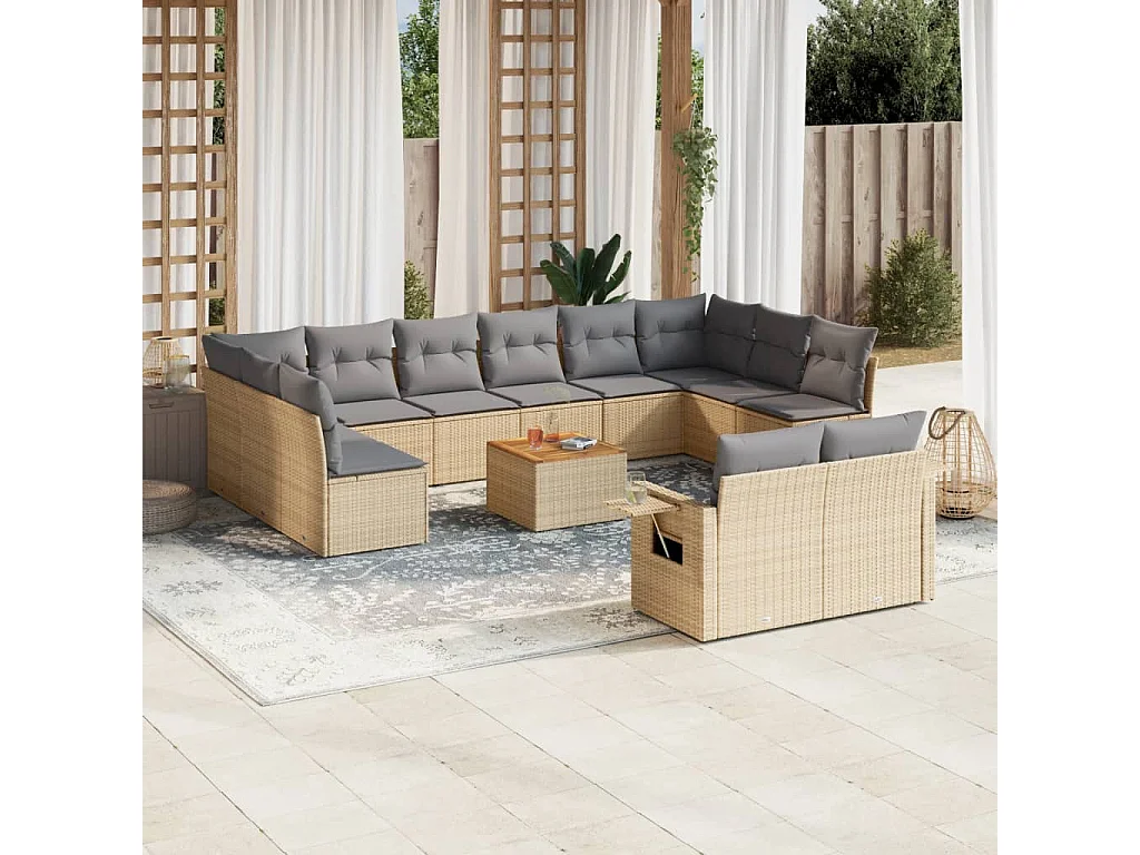Set Divano da Giardino 13 pz con Cuscini Beige Misto Polyrattan
