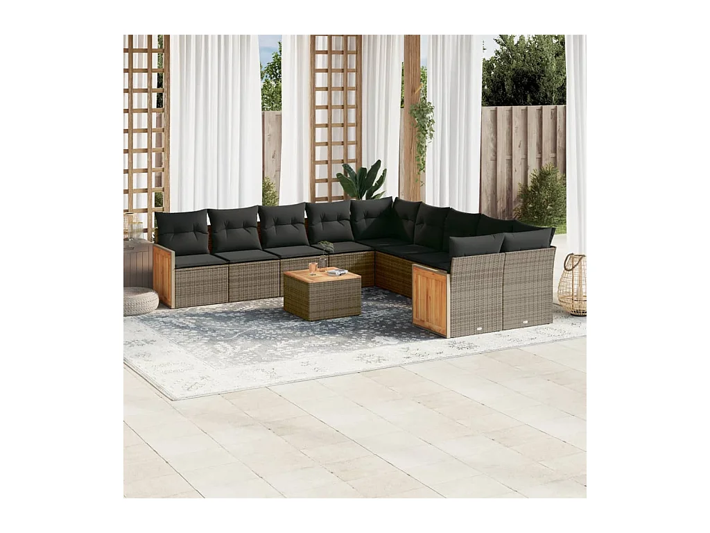11-tlg. Garten-Sofagarnitur mit Kissen Grau Poly Rattan