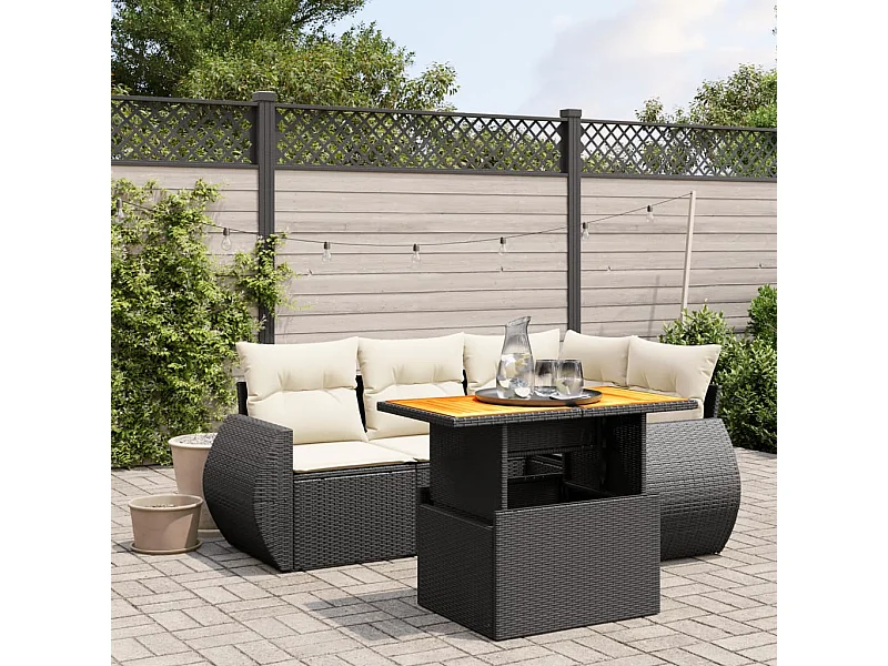 5-tlg. Garten-Sofagarnitur mit Kissen Schwarz Poly Rattan