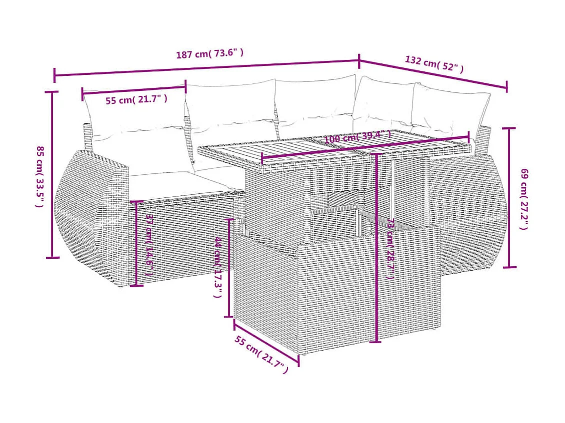 Salon de jardin 5 pcs avec coussins noir résine tressée
