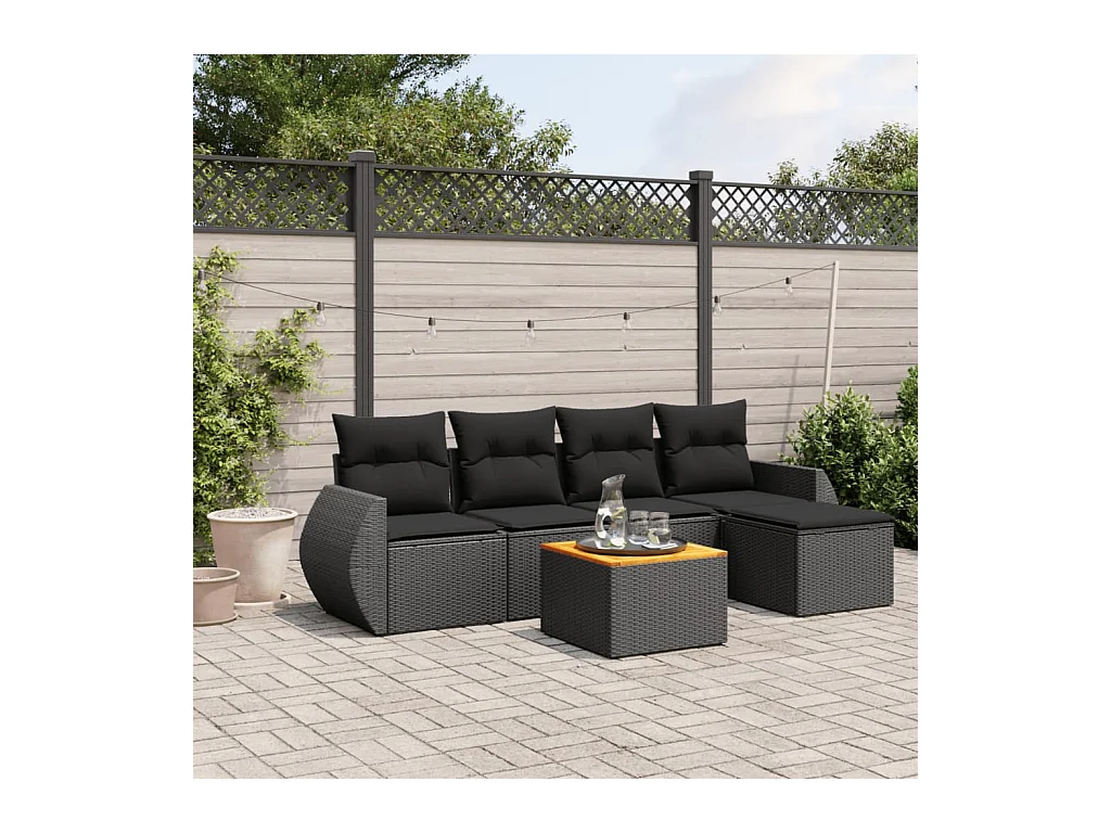 Set Divano da Giardino 6 pz con Cuscini Nero in Polyrattan