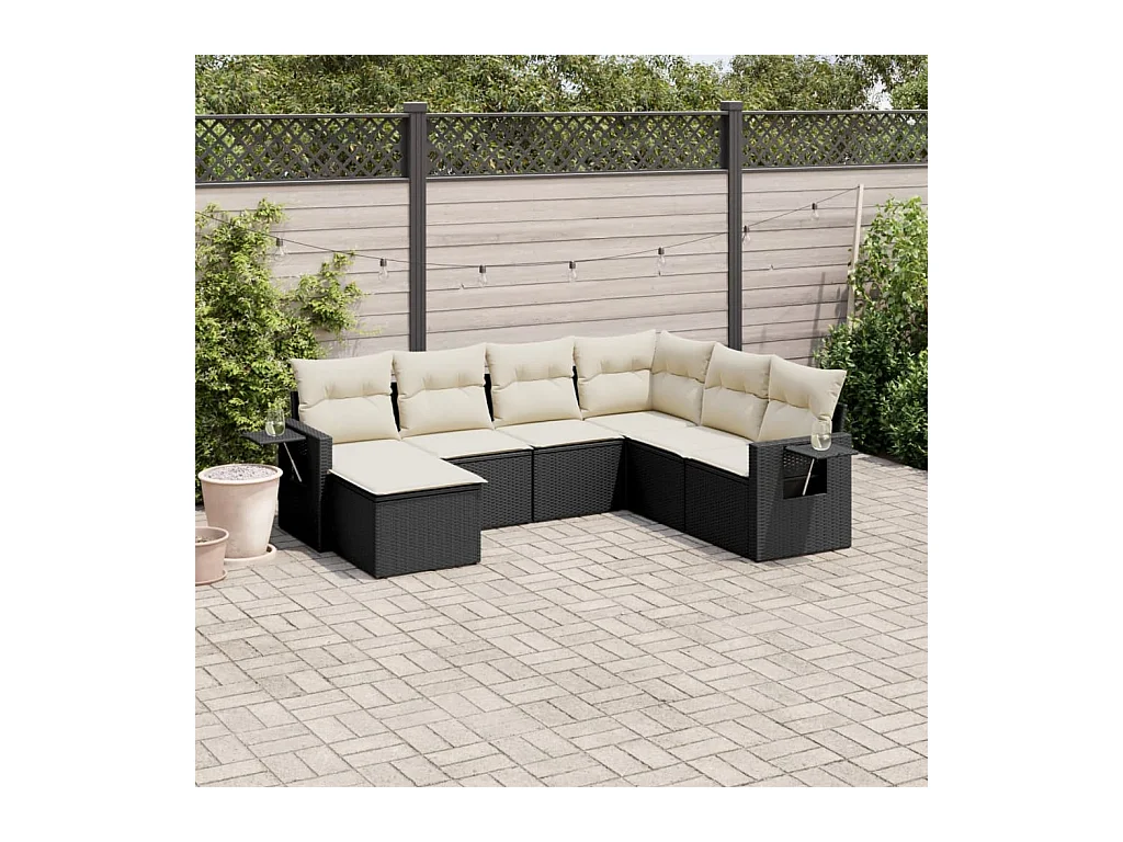 Salon de jardin 7 pcs avec coussins noir résine tressée