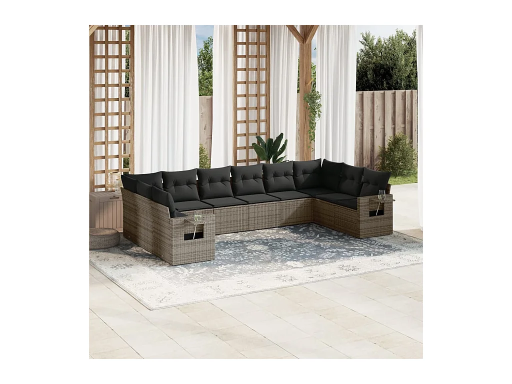 Salon de jardin avec coussins 10 pcs gris résine tressée