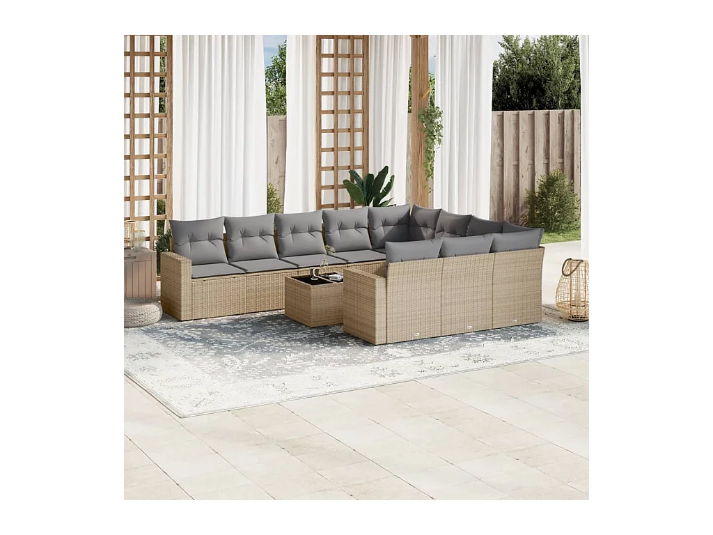 11-delige Tuinset met kussens poly rattan beige