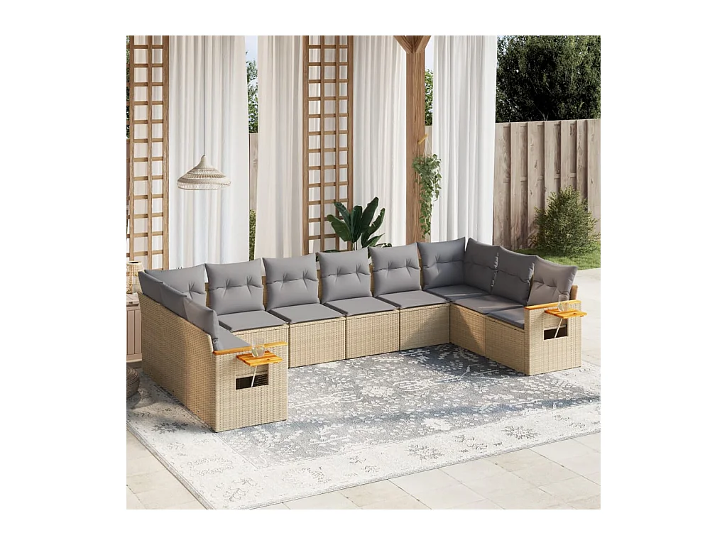 10-delige Loungeset met kussens poly rattan beige