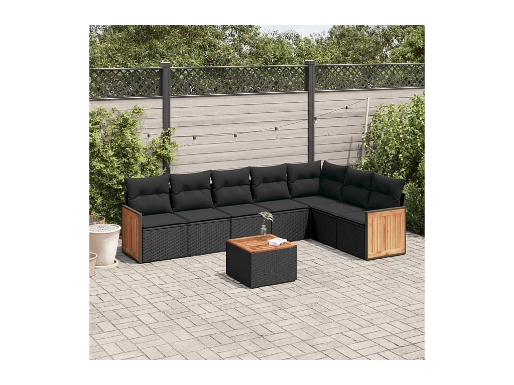Salon de jardin 8 pcs avec coussins noir résine tressée