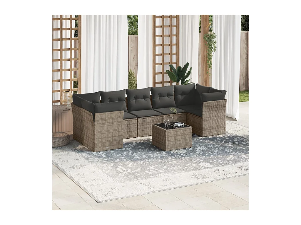 Salon de jardin 8 pcs avec coussins gris résine tressée