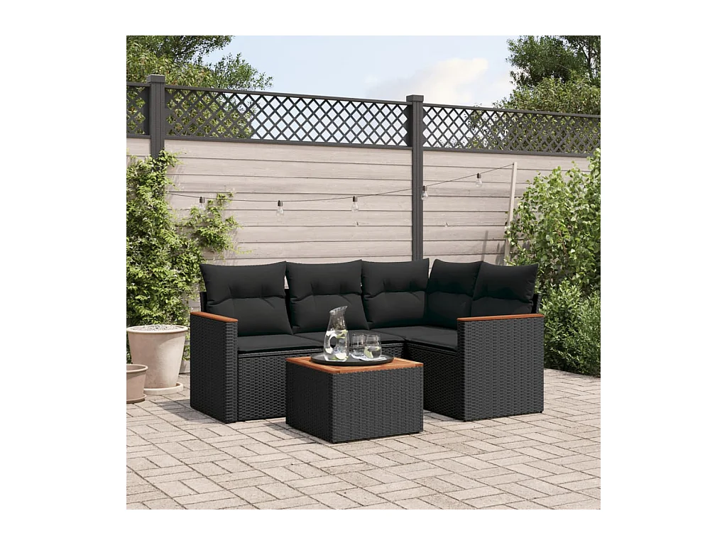 5-delige Loungeset met kussens poly rattan zwart