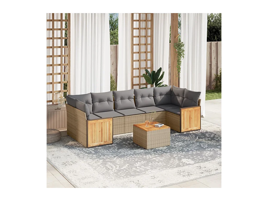 Salon de jardin avec coussins 8 pcs beige résine tressée