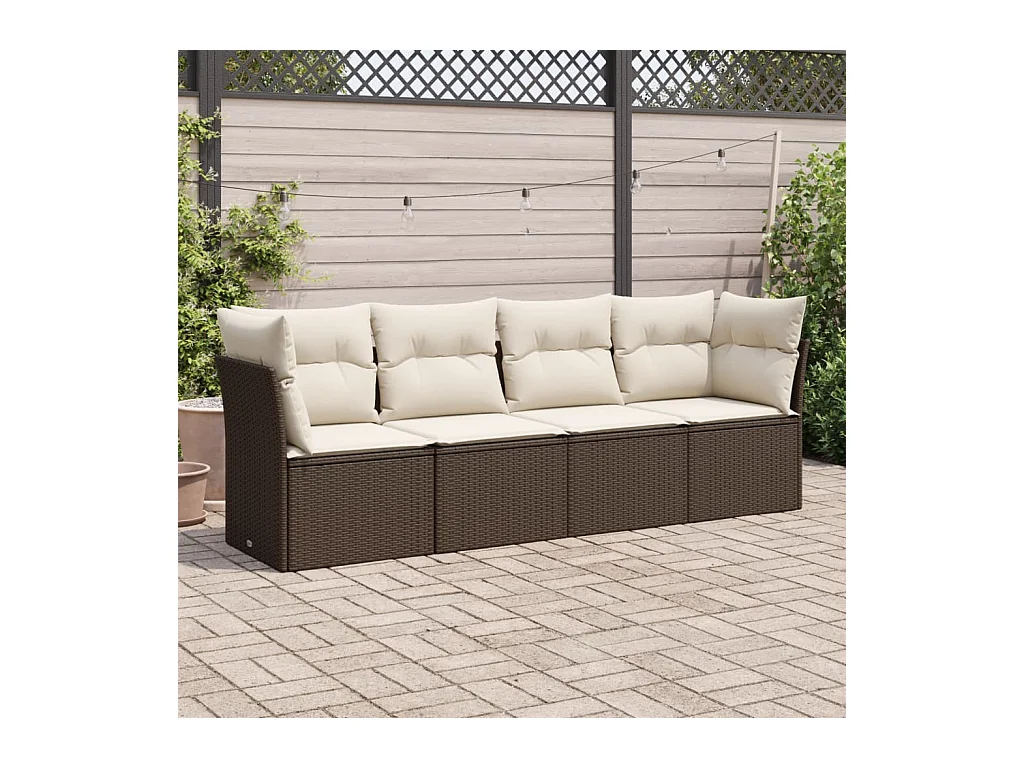Set Divano da Giardino 4 pz con Cuscini Marrone in Polyrattan