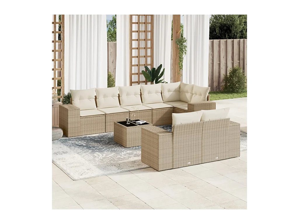 Salon de jardin avec coussins 9 pcs beige résine tressée
