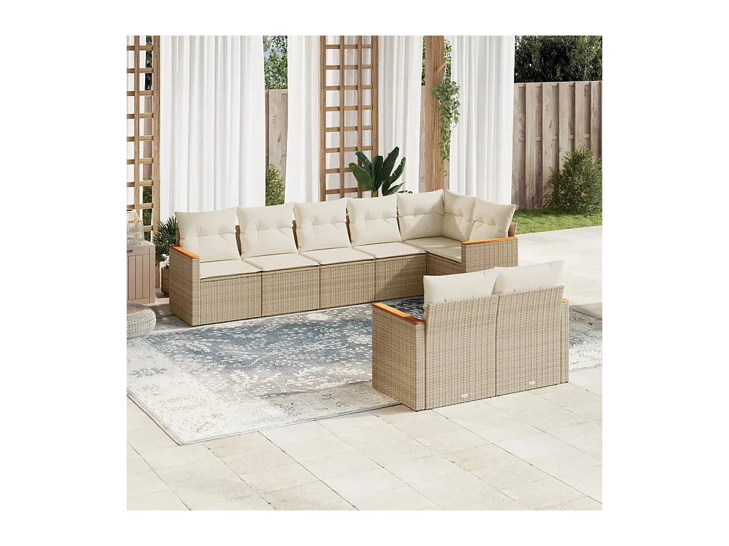 Salon de jardin avec coussins 8 pcs beige résine tressée