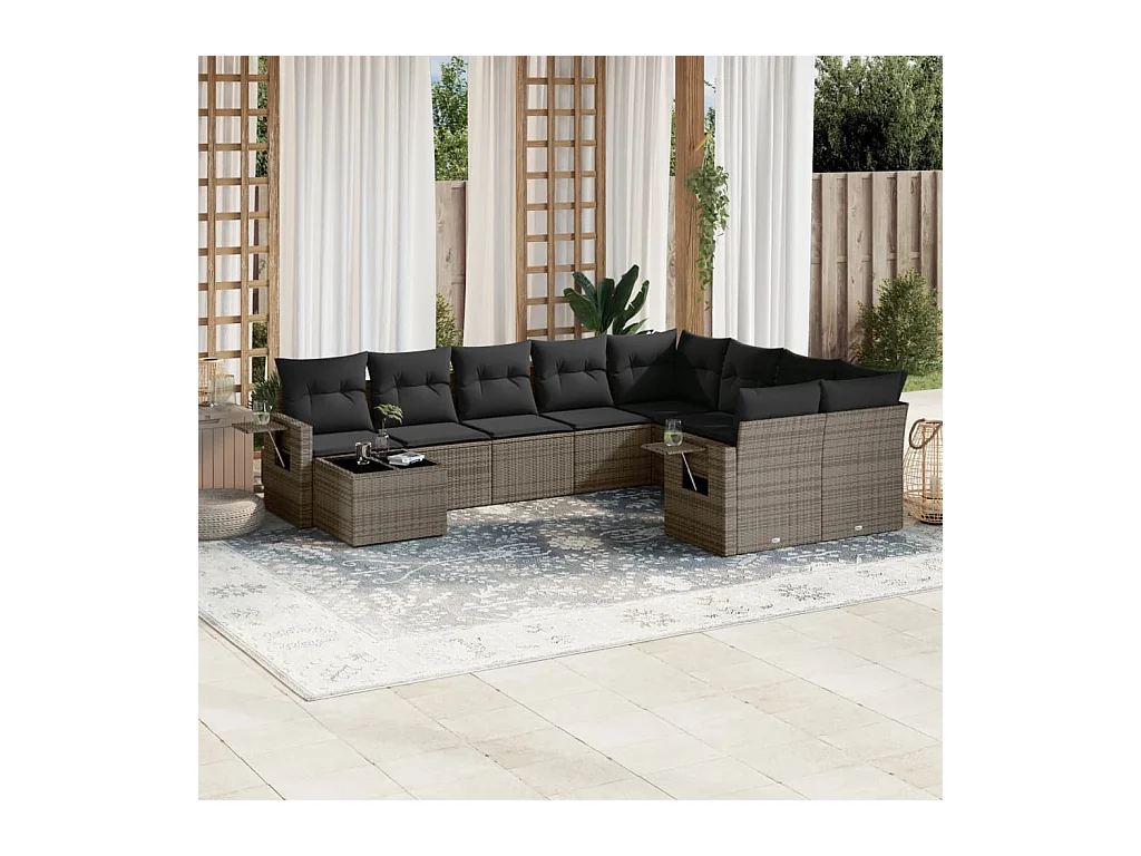 Salon de jardin avec coussins 10 pcs gris résine tressée