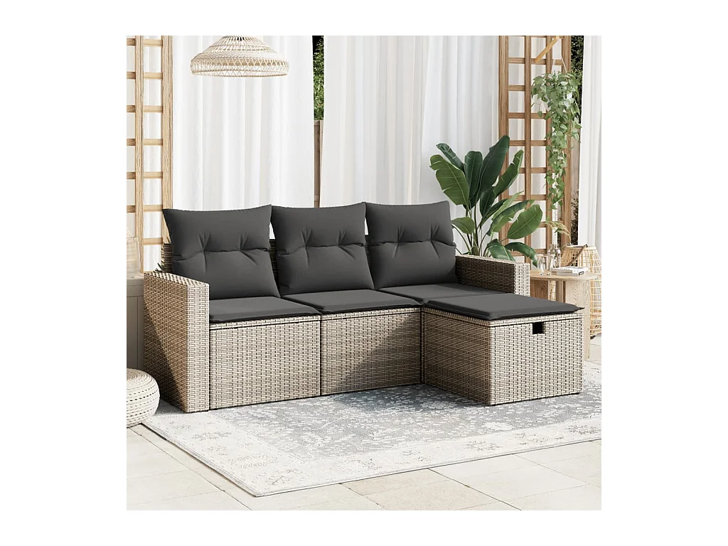 Salon de jardin 4 pcs avec coussins gris résine tressée