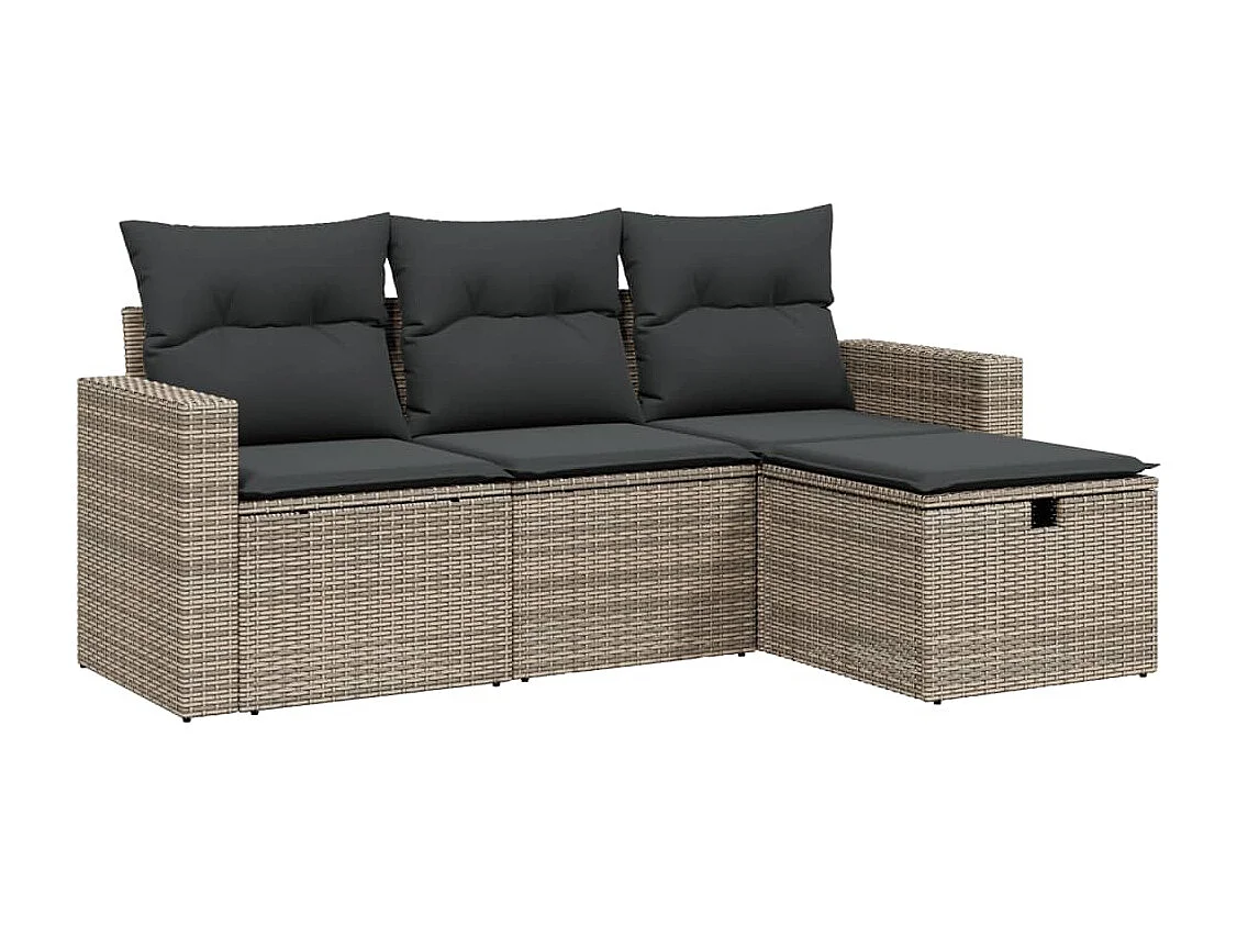 4 pcs conjunto sofás de jardim c/ almofadões vime PE cinzento