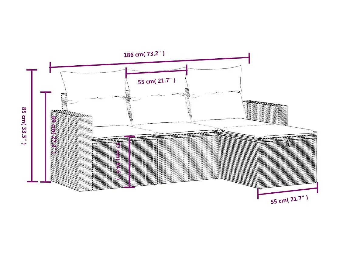 Set Divani da Giardino 4 pz con Cuscini in Polyrattan Grigio