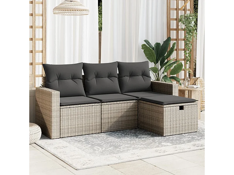 4 pcs conjunto sofás de jardim c/ almofadões vime PE cinzento