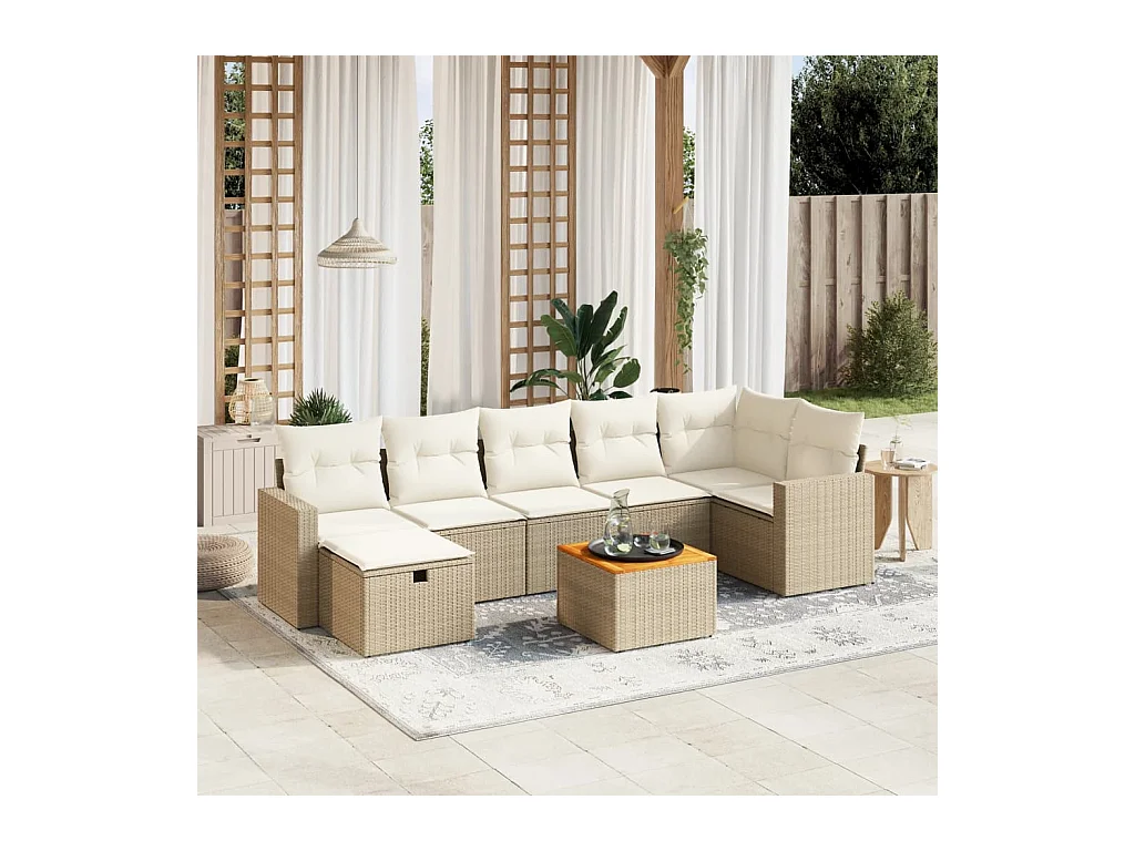 Salon de jardin avec coussins 8 pcs beige résine tressée