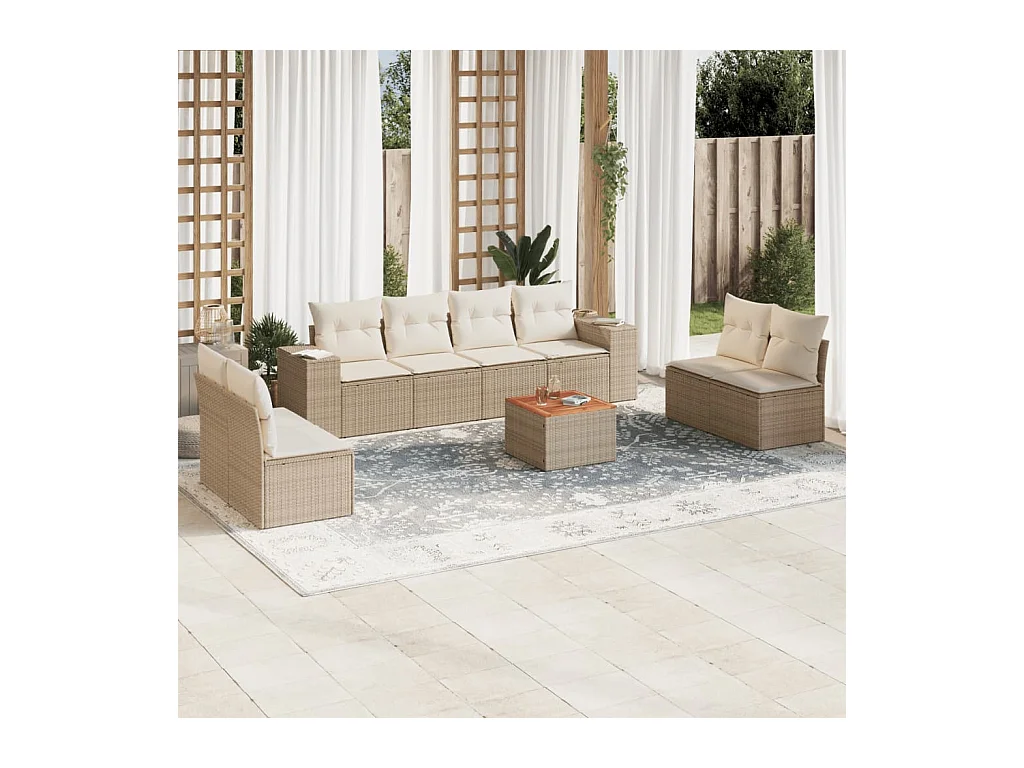 Salon de jardin avec coussins 9 pcs beige résine tressée