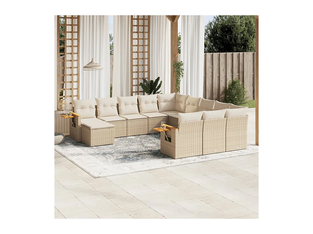 11 pcs conjunto sofás de jardim c/ almofadões vime PE bege