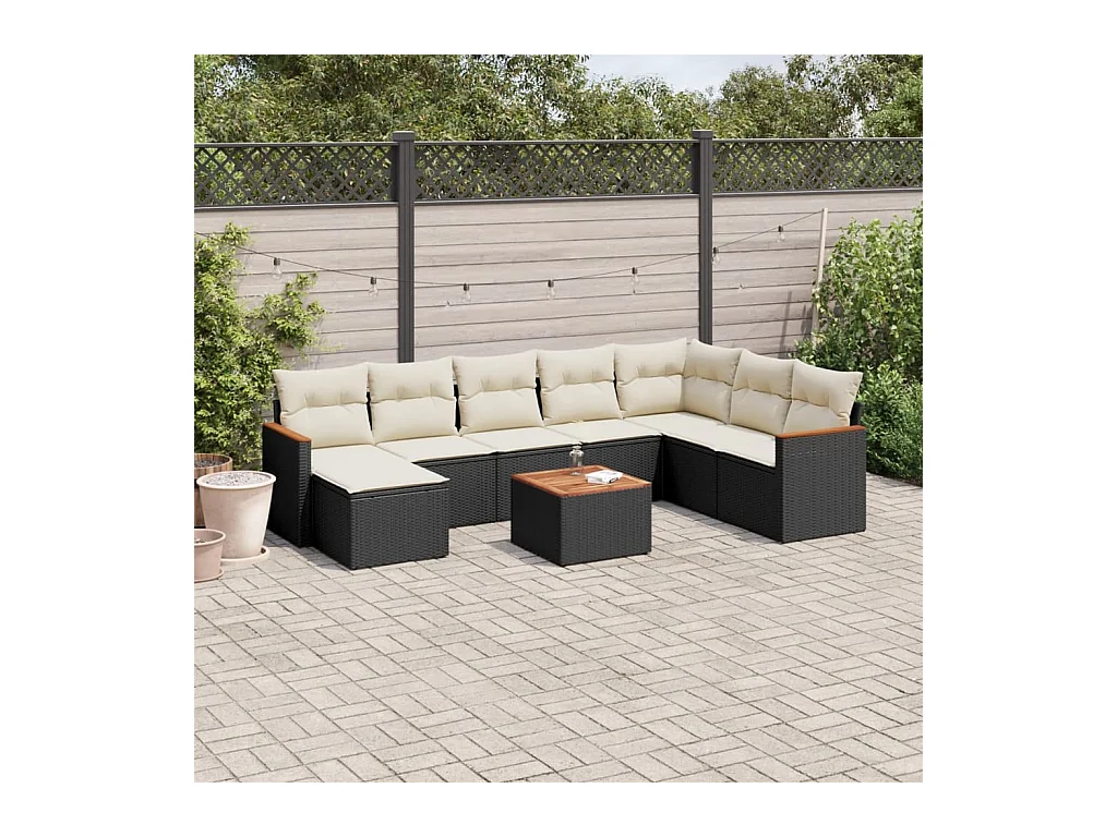 Salon de jardin 9 pcs avec coussins noir résine tressée