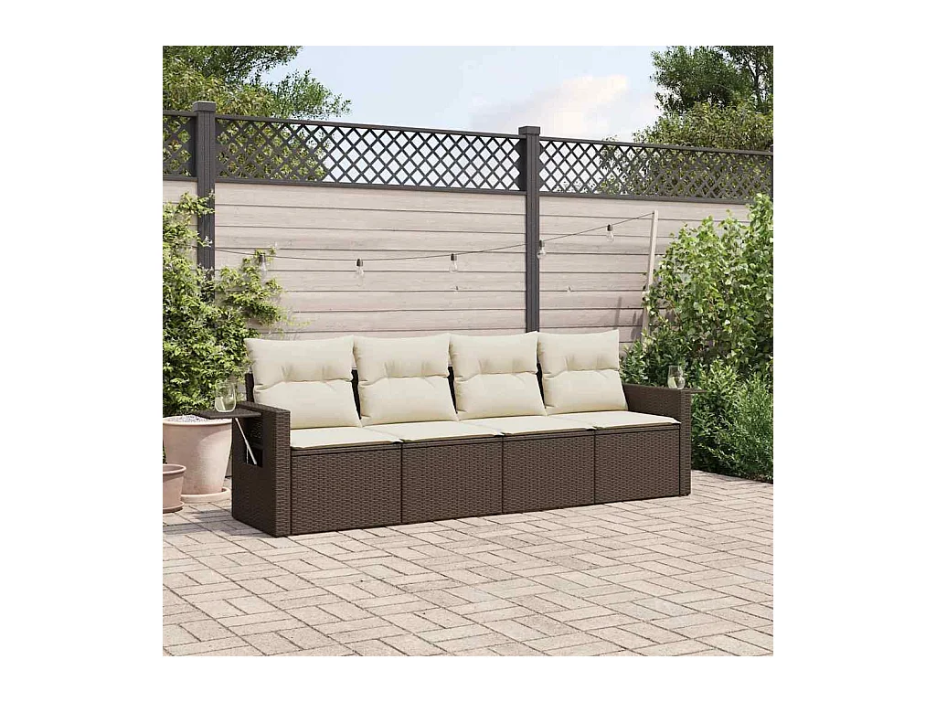 Salon de jardin 4 pcs avec coussins marron résine tressée
