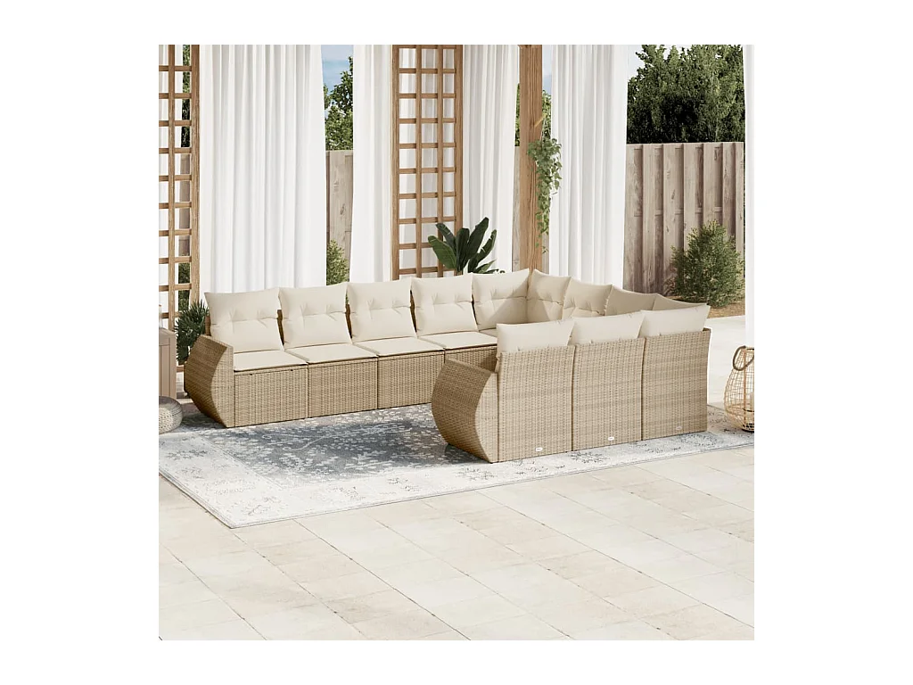 Salon de jardin avec coussins 10 pcs beige résine tressée