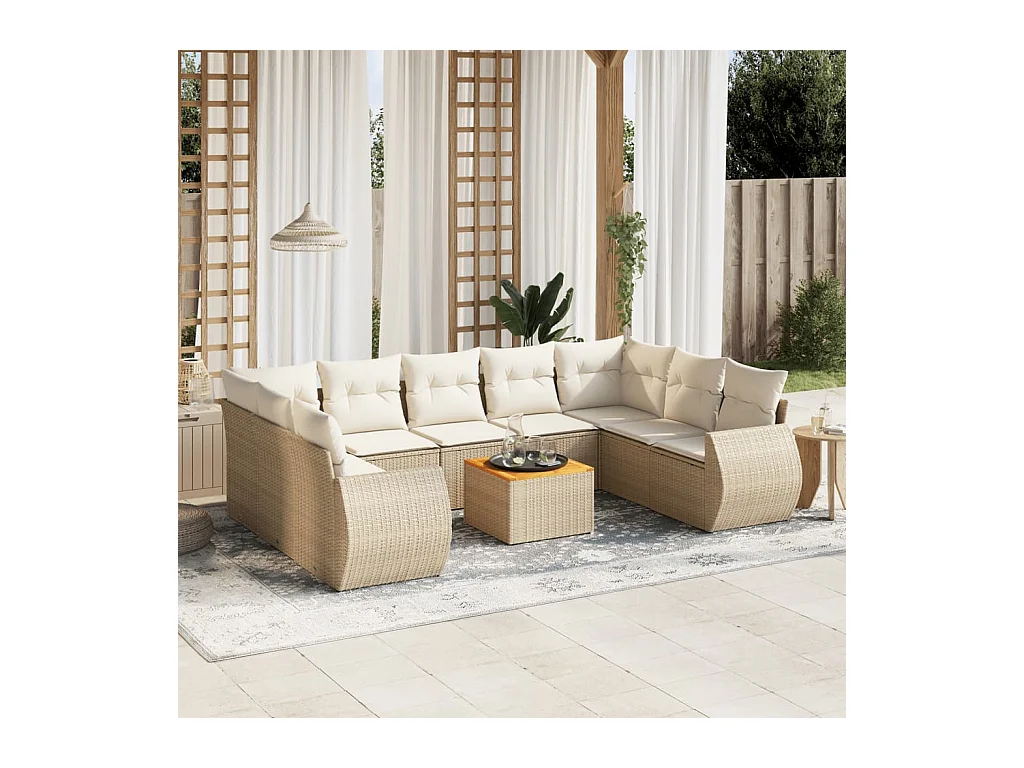 Salon de jardin avec coussins 10 pcs beige résine tressée