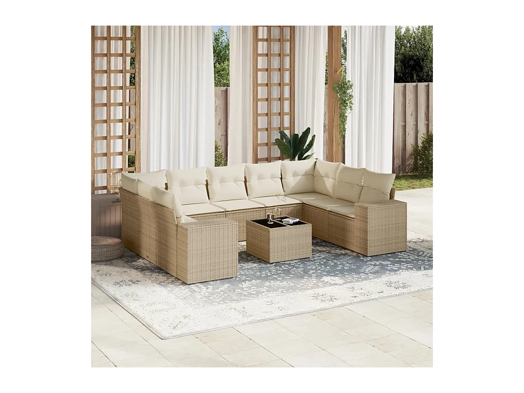 10-delige Loungeset met kussens poly rattan beige