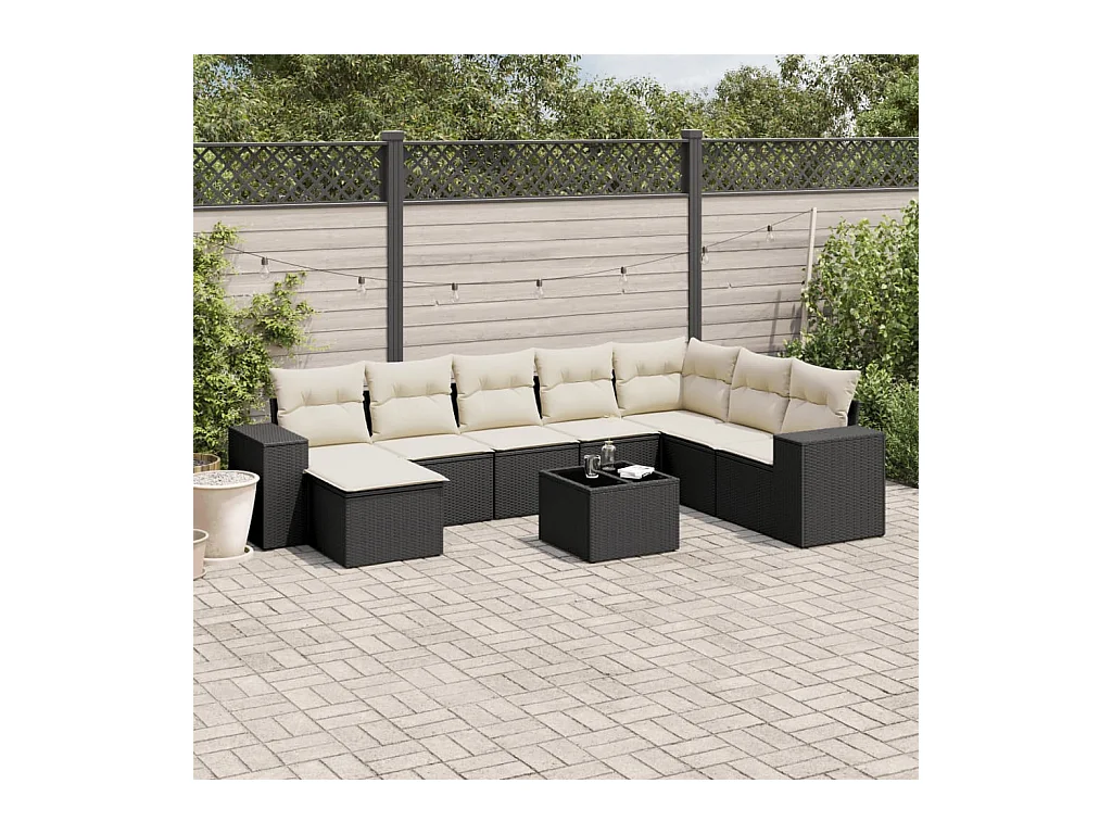 Salon de jardin 9 pcs avec coussins noir résine tressée
